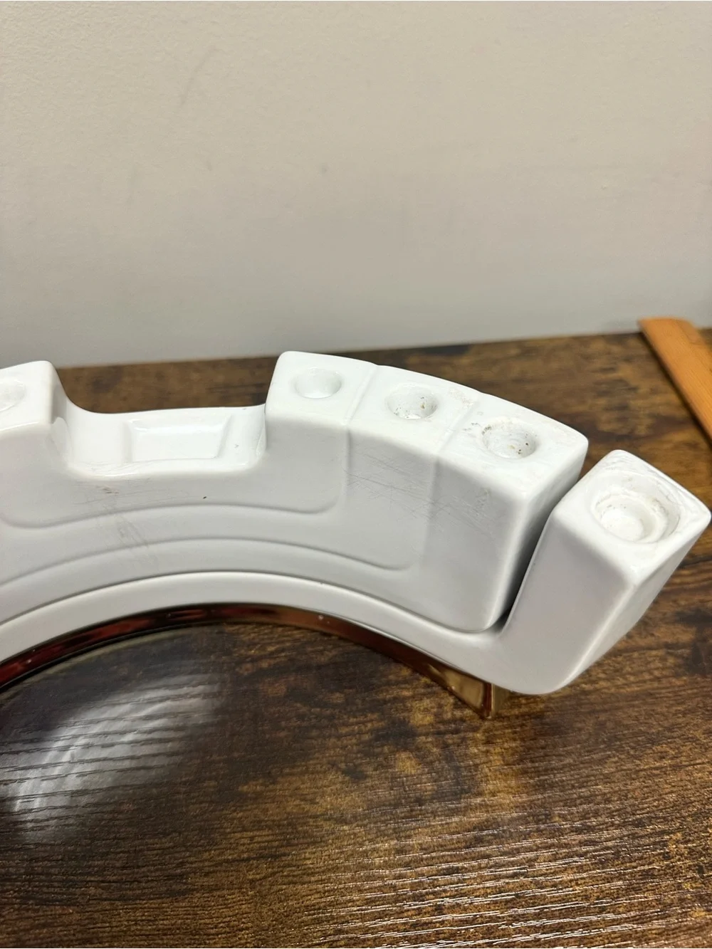 White Ceramic Menorah with Gold Base